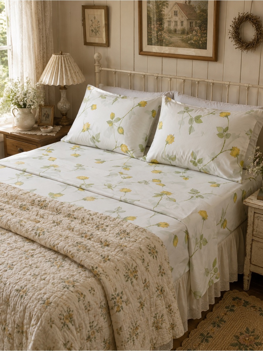 Floral Yellow Rose Cotton Sheet Set - Classic Home Bedding